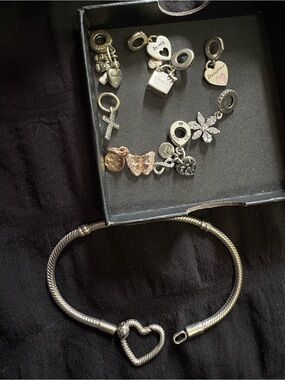 Pandora Silver Tone Snake Chain Bracelet with Heart Clasp and Mixed Charms